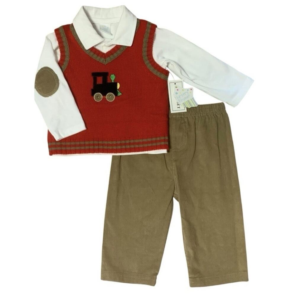 Nursery Rhyme Baby Boy 3 Piece Set Train Sweater Vest Corduroy Pants 6-9M NWT